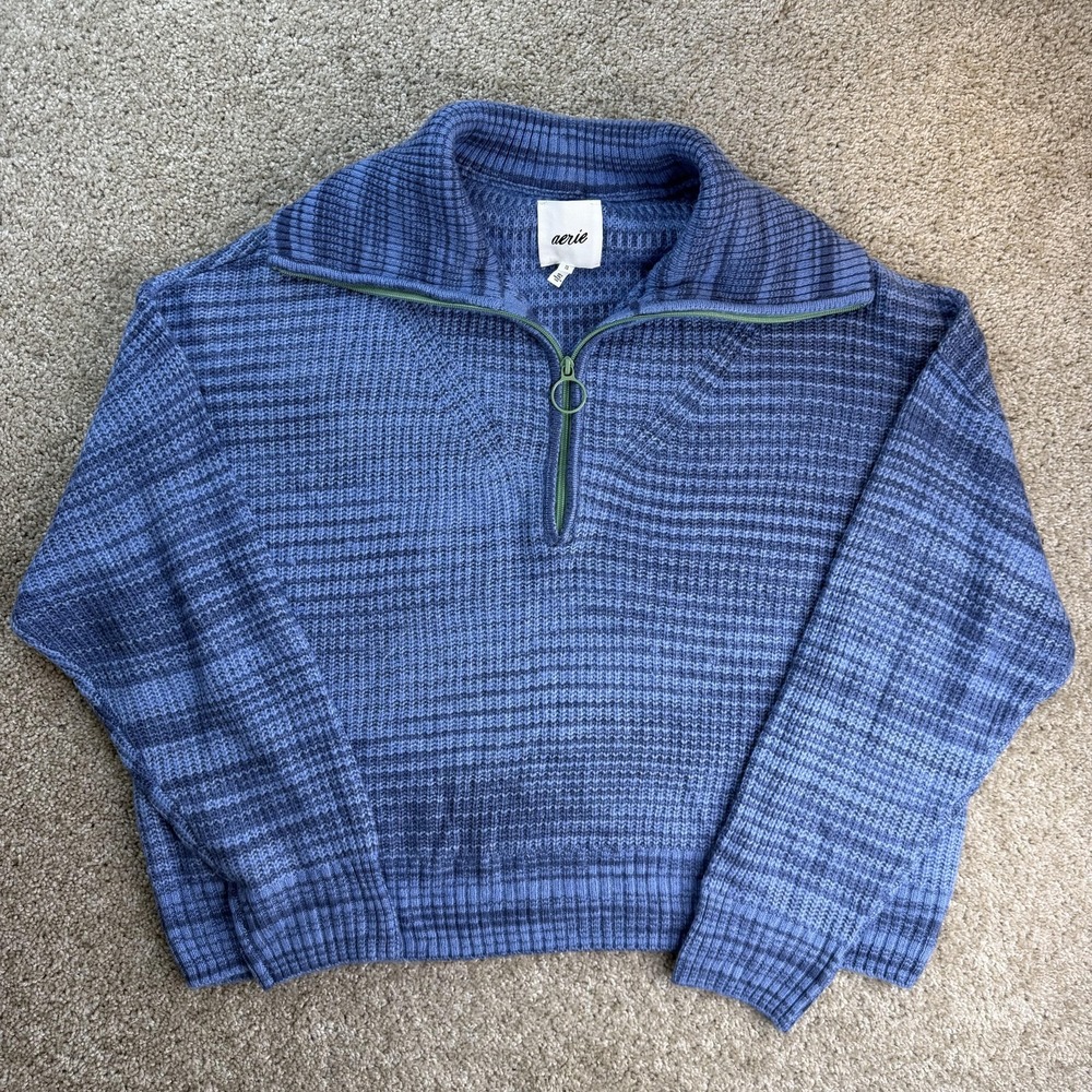 Aerie Sweater Womens XL Blue 1/2 Zip Mock Neck Waffle-Knit Long Sleeve Pullover